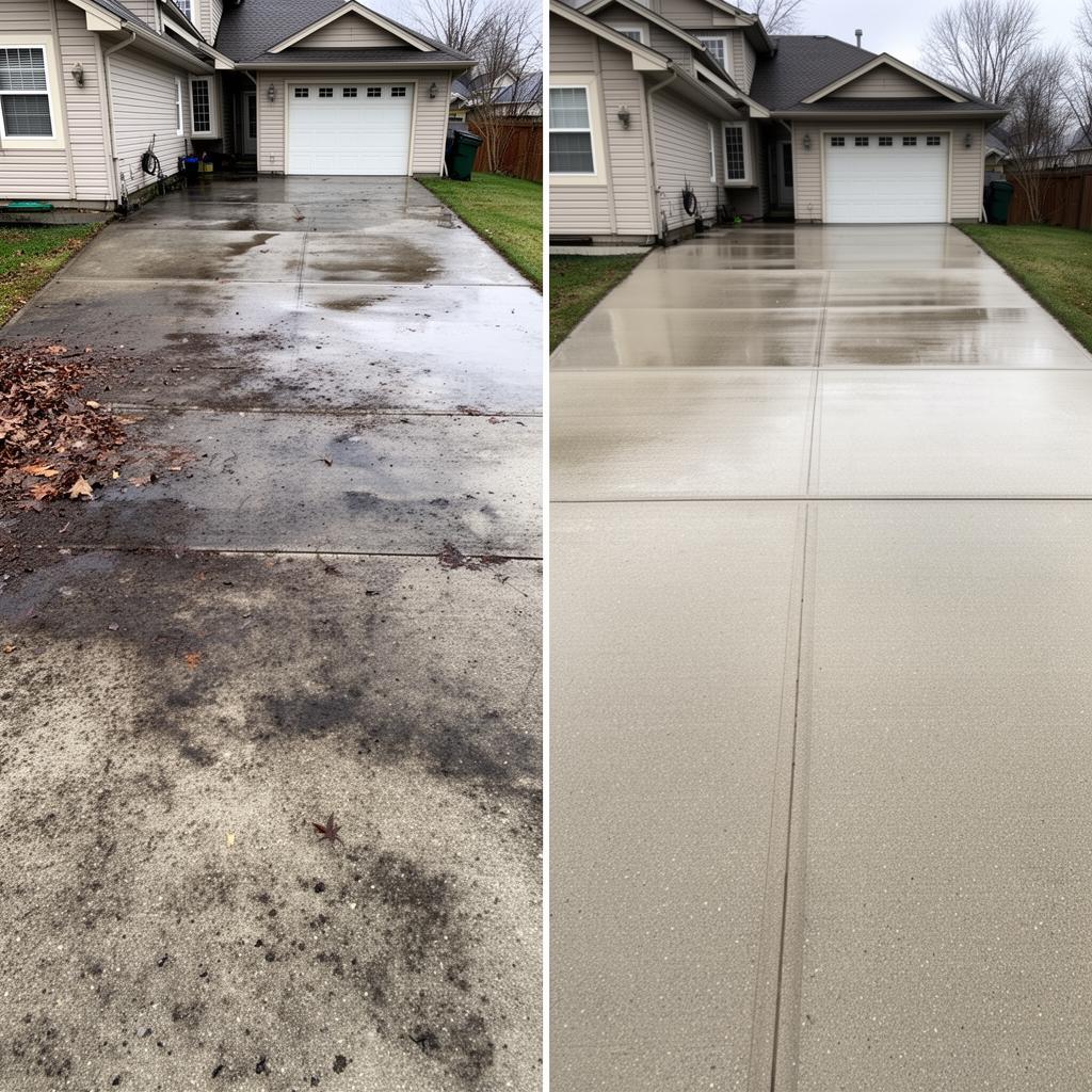 Before and after pressure washing a concrete driveway